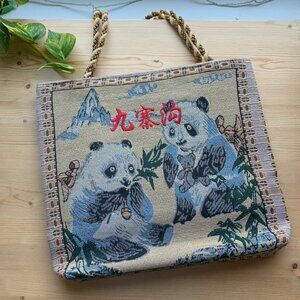 Vintage Panda Tapestry Tote – Rope Handles, Retro Travel Style